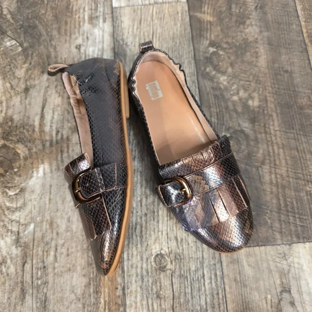 FitFlop Allegro Bronze Snakeskin Leather Kiltie Loafers Buckle Womens Size 8 1/2